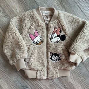 H&M Cream Sherpa Bomber Jacket with Minnie & Daisy Appliqués